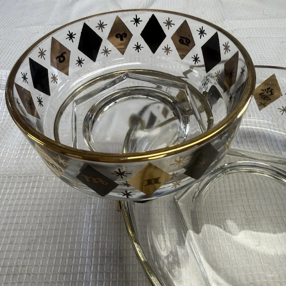 3 Pc Set VTG MCM Federal Zodiac Harlequin Diamond Black 22kt Gold Bowls Chip Dip